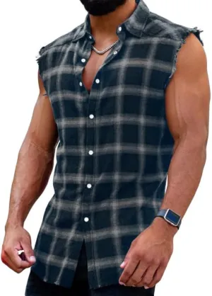 Men's Sleeveless Flannel Plaid Shirts Casual Button Down Cowboy Vest Shirts