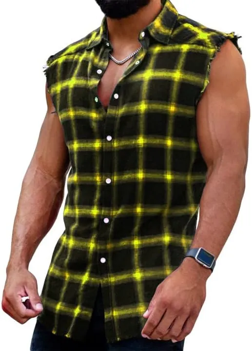 Men's Sleeveless Flannel Plaid Shirts Casual Button Down Cowboy Vest Shirts