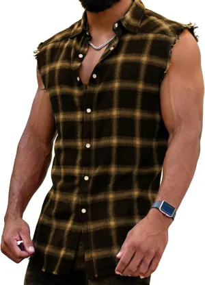 Men's Sleeveless Flannel Plaid Shirts Casual Button Down Cowboy Vest Shirts