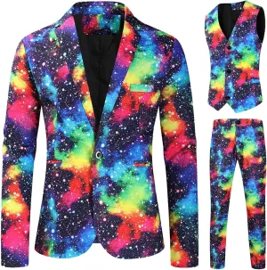 Men's Slim Fit 3 Piece Suit One Button Tie-Dye Print Long Sleeve Dress Tuxedos Prom Suit Jacket Vest Pants Waistcoat