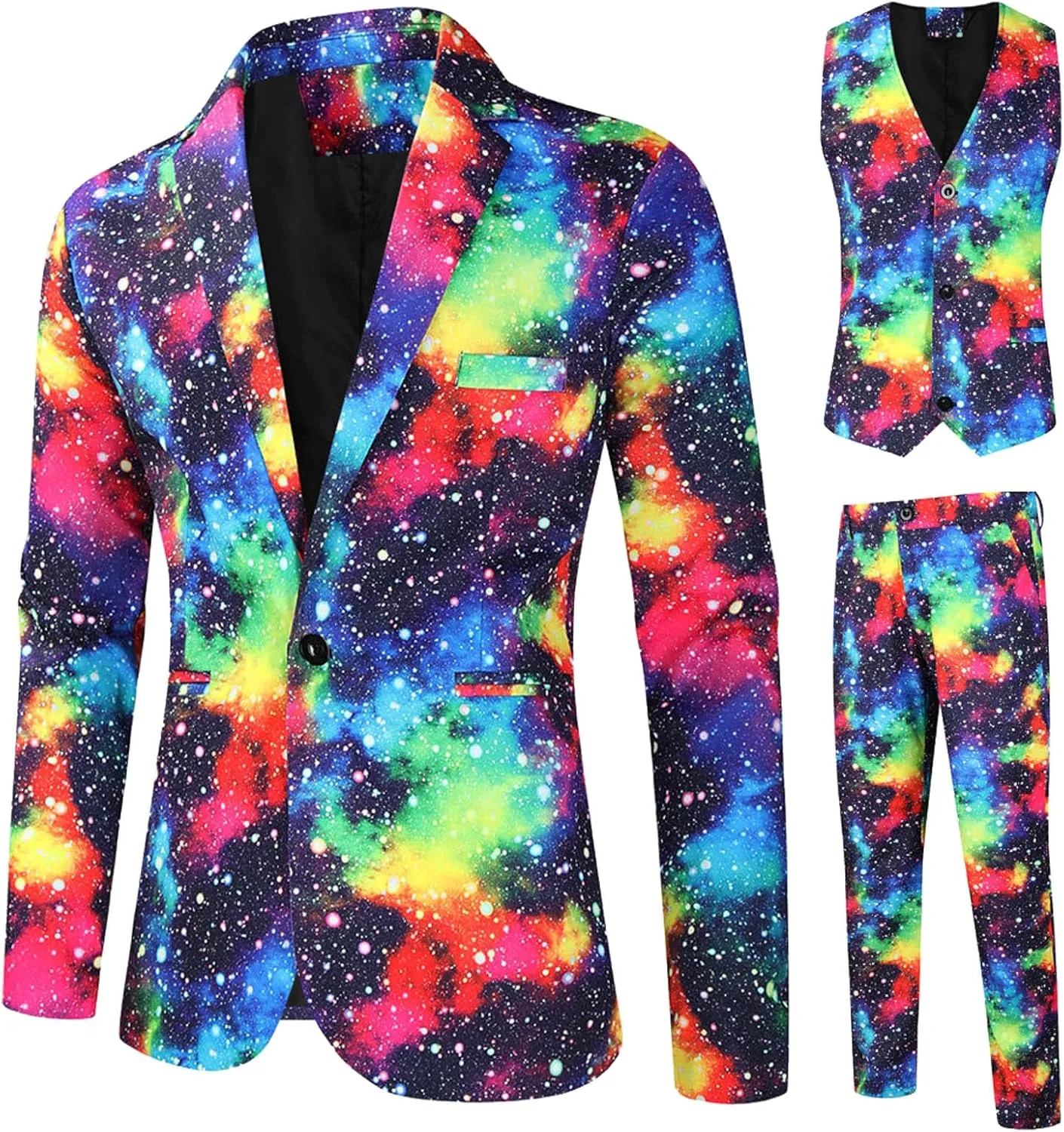 Men's Slim Fit 3 Piece Suit One Button Tie-Dye Print Long Sleeve Dress Tuxedos Prom Suit Jacket Vest Pants Waistcoat