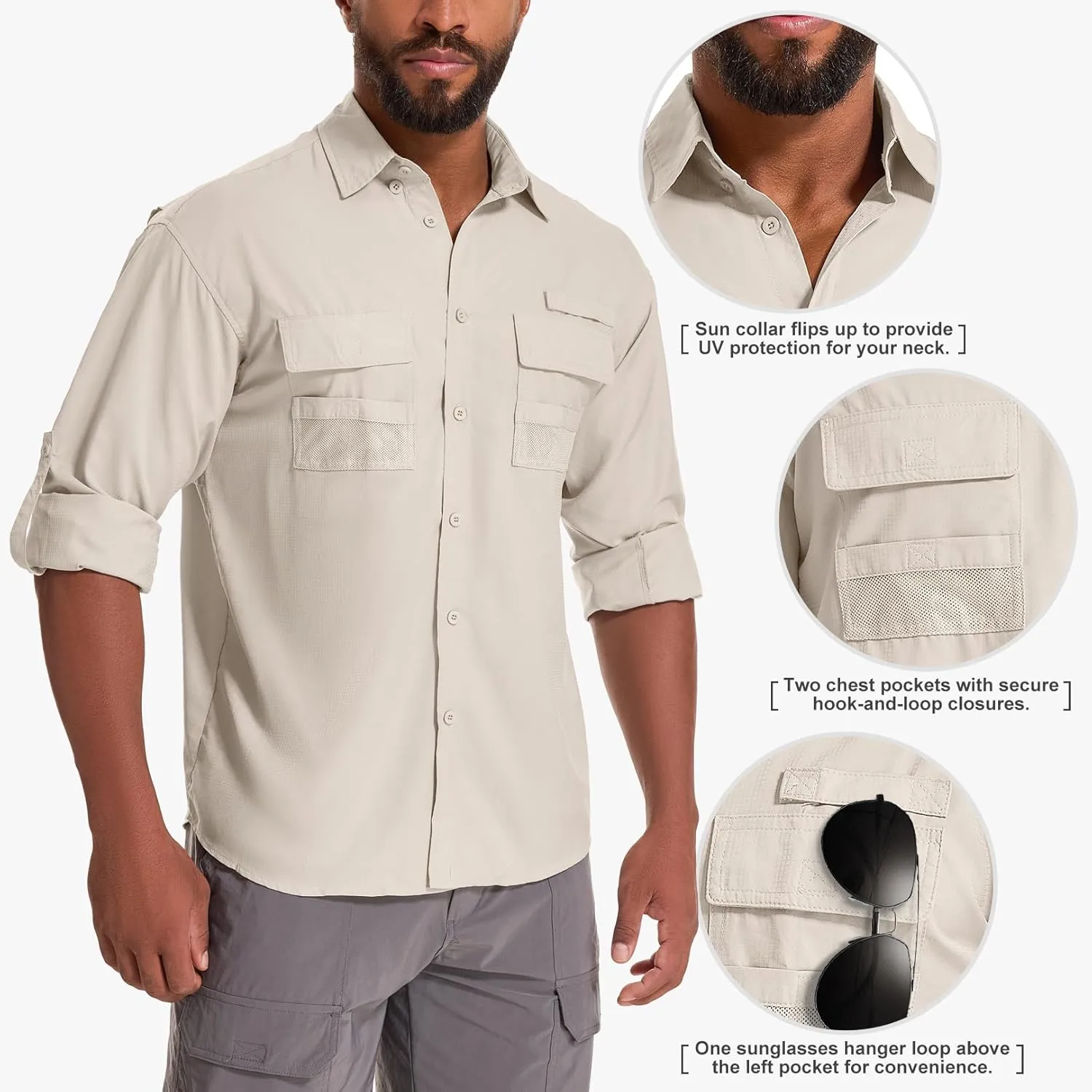 Men's Sun Protection Fishing Shirts Long Sleeve Safari Shirts UPF 50 UV Quick Dry Cooling Travel Work Shirts
