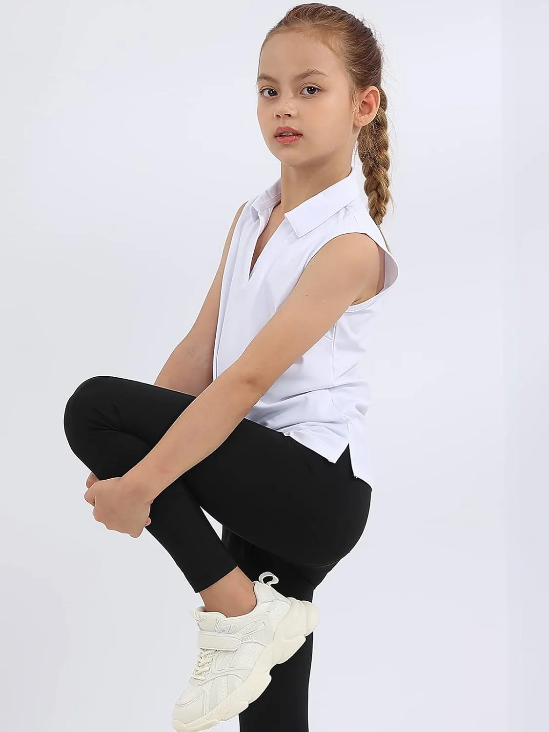 MERIABNY Girls Golf Polo Shirts Sleeveless V Neck Shirts for 5-12 Years