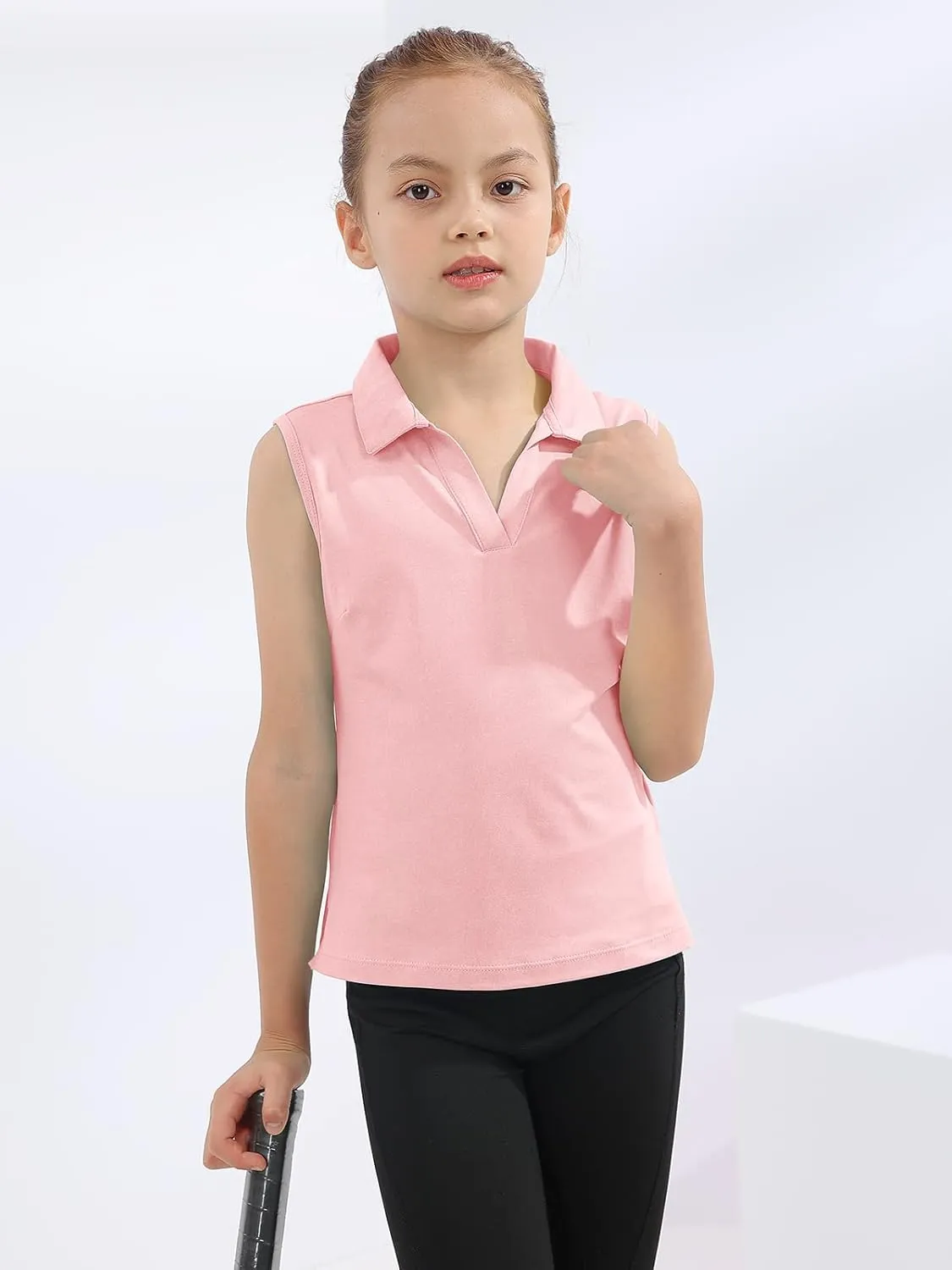 MERIABNY Girls Golf Polo Shirts Sleeveless V Neck Shirts for 5-12 Years