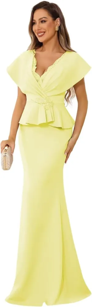 Mermaid Mother of The Bride Dresses for Wedding Chiffon V Neck Formal Evening Gown