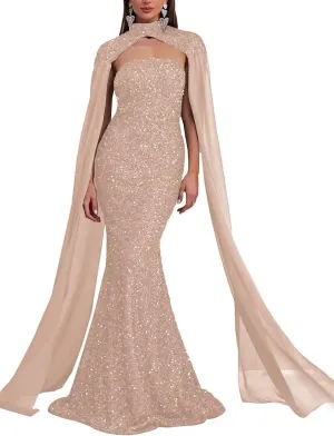 Mermaid Sequin Strapless Prom Dresses with Capes Halter Capes Chiffon Formal Evening Party Gowns for Women