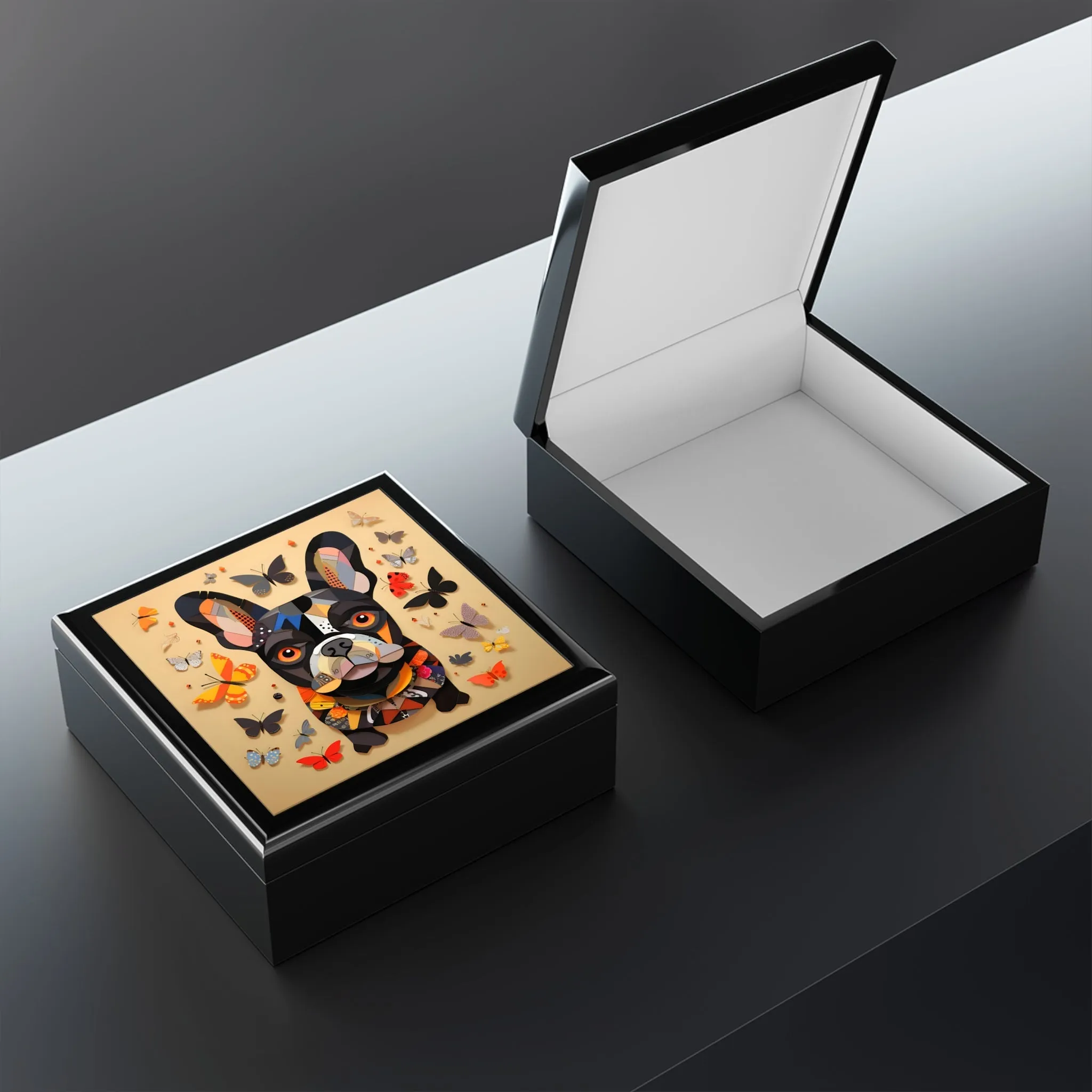 Mid-Century Modern French Bulldog Butterfies Art Print Gift and Jewelry Box