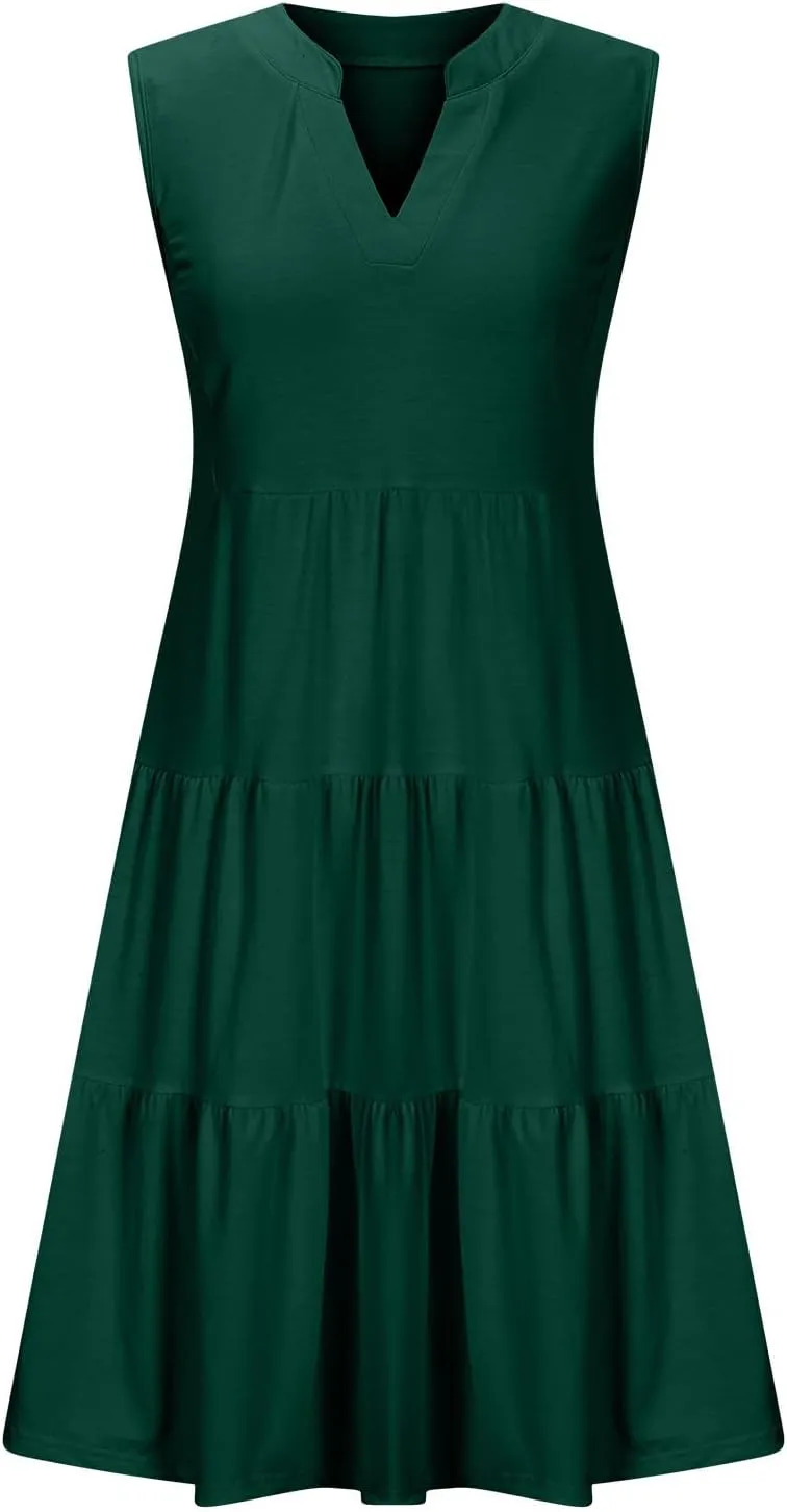 Midi Dress for Women Sleeveless V Neck Tiered Summer Dresses Flowy Swing Sundress Boho Beach Vacation Dress