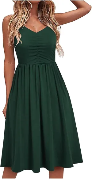 Midi Dresses for Women 2025 Sleeveless Summer Beach Dress Casual Loose V Neck Sundress Spaghetti Strap Beach Dresses