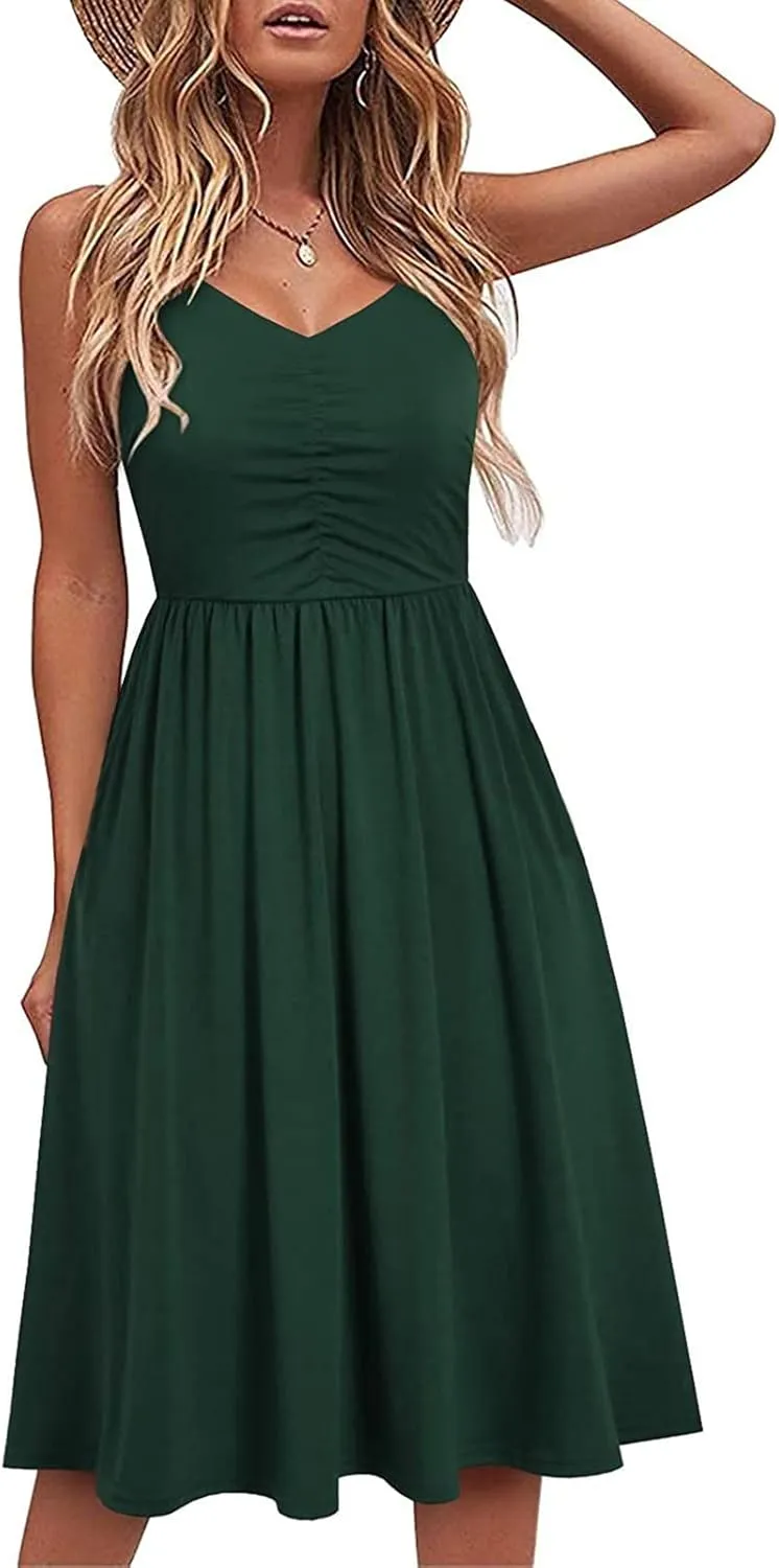 Midi Dresses for Women 2025 Sleeveless Summer Beach Dress Casual Loose V Neck Sundress Spaghetti Strap Beach Dresses