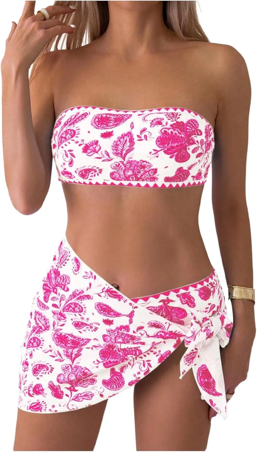 Milumia Women's 3 Piece Swimsuit Floral Print Bandeau Bikini Swimwear with Cover Ups