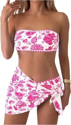 Milumia Women's 3 Piece Swimsuit Floral Print Bandeau Bikini Swimwear with Cover Ups