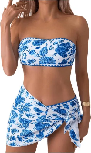 Milumia Women's 3 Piece Swimsuit Floral Print Bandeau Bikini Swimwear with Cover Ups