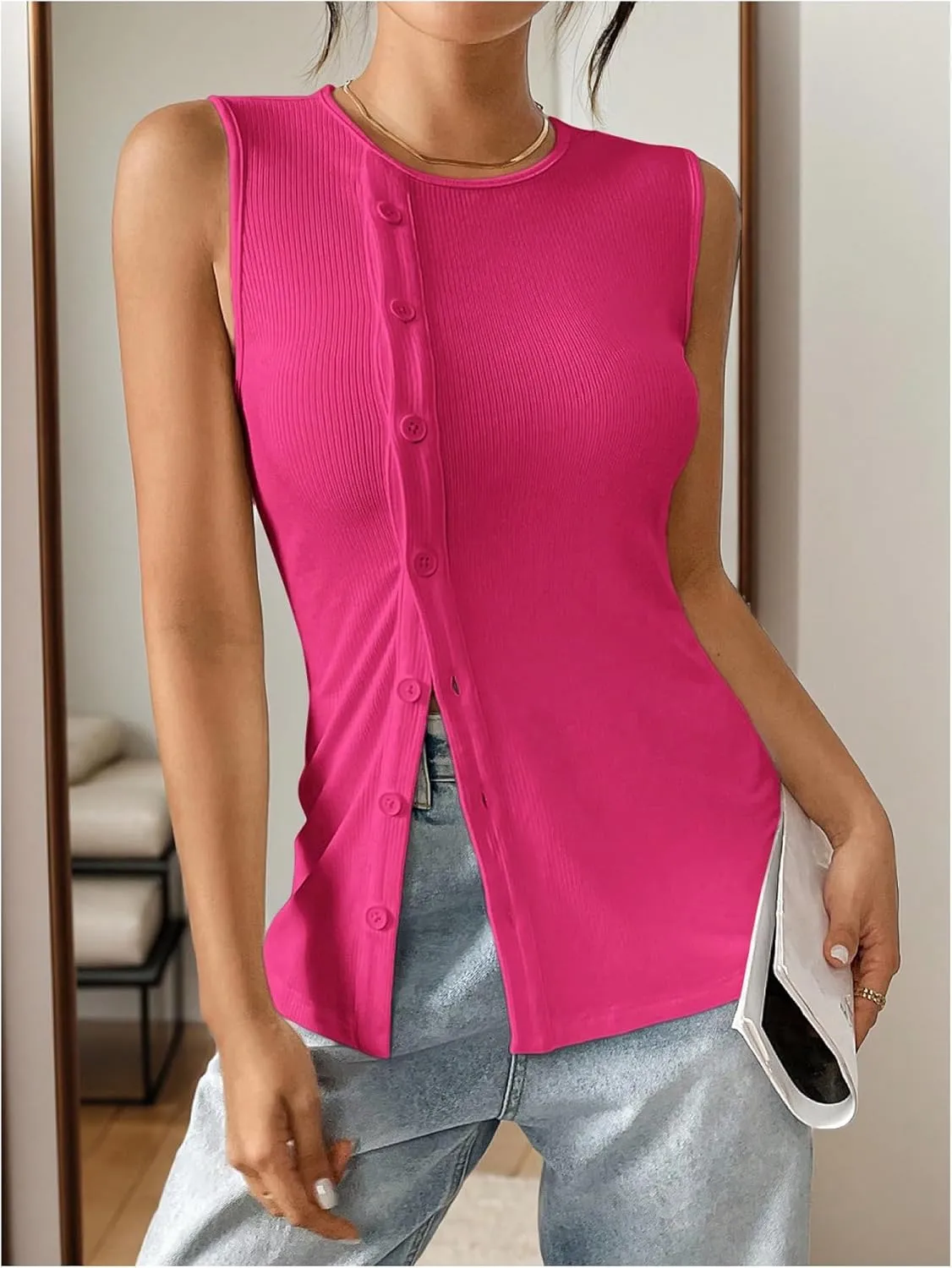 Milumia Women's Button Up Tank Tops Vest Sleeveless Business Casual Tops