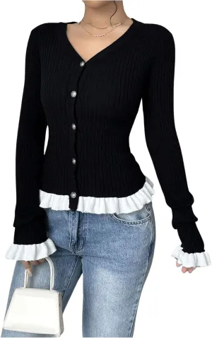 Milumia Women's Colorblock V Neck Ruffle Sweater Long Sleeve Button Cardigans