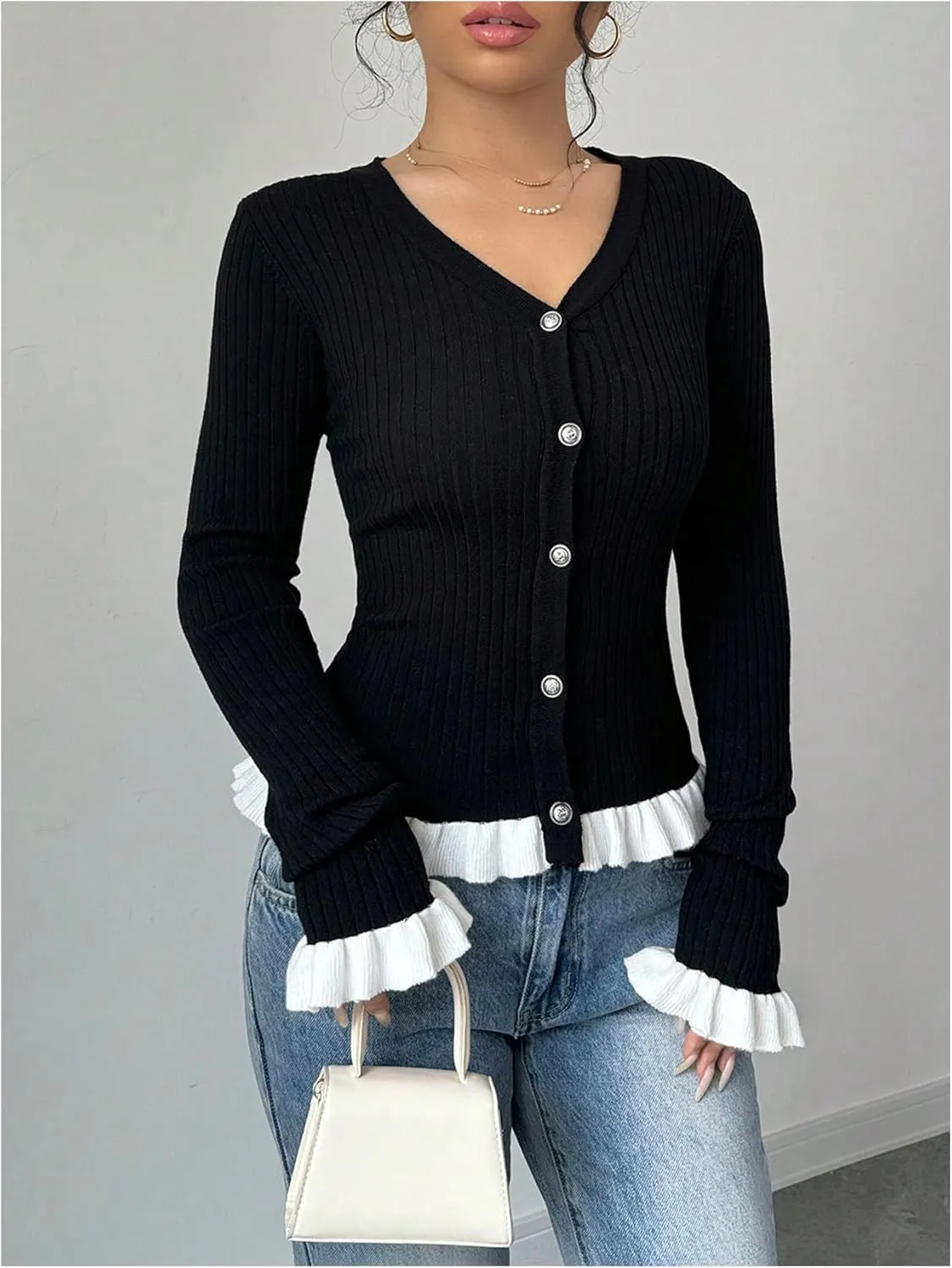 Milumia Women's Colorblock V Neck Ruffle Sweater Long Sleeve Button Cardigans