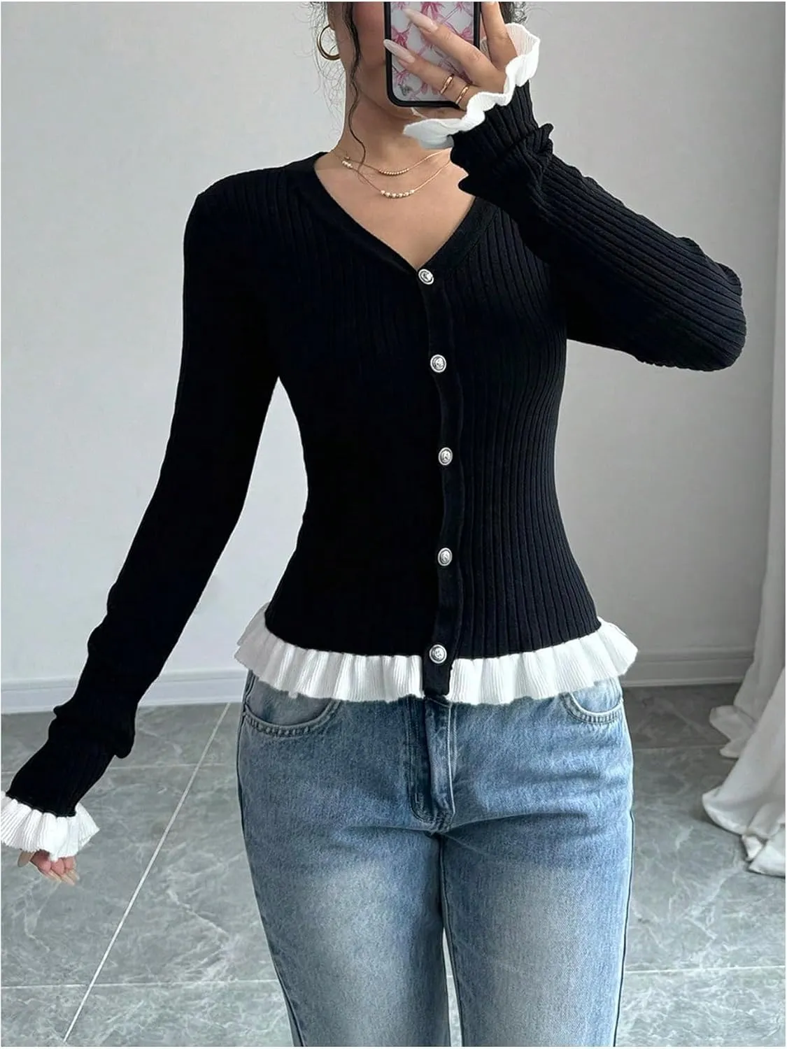 Milumia Women's Colorblock V Neck Ruffle Sweater Long Sleeve Button Cardigans