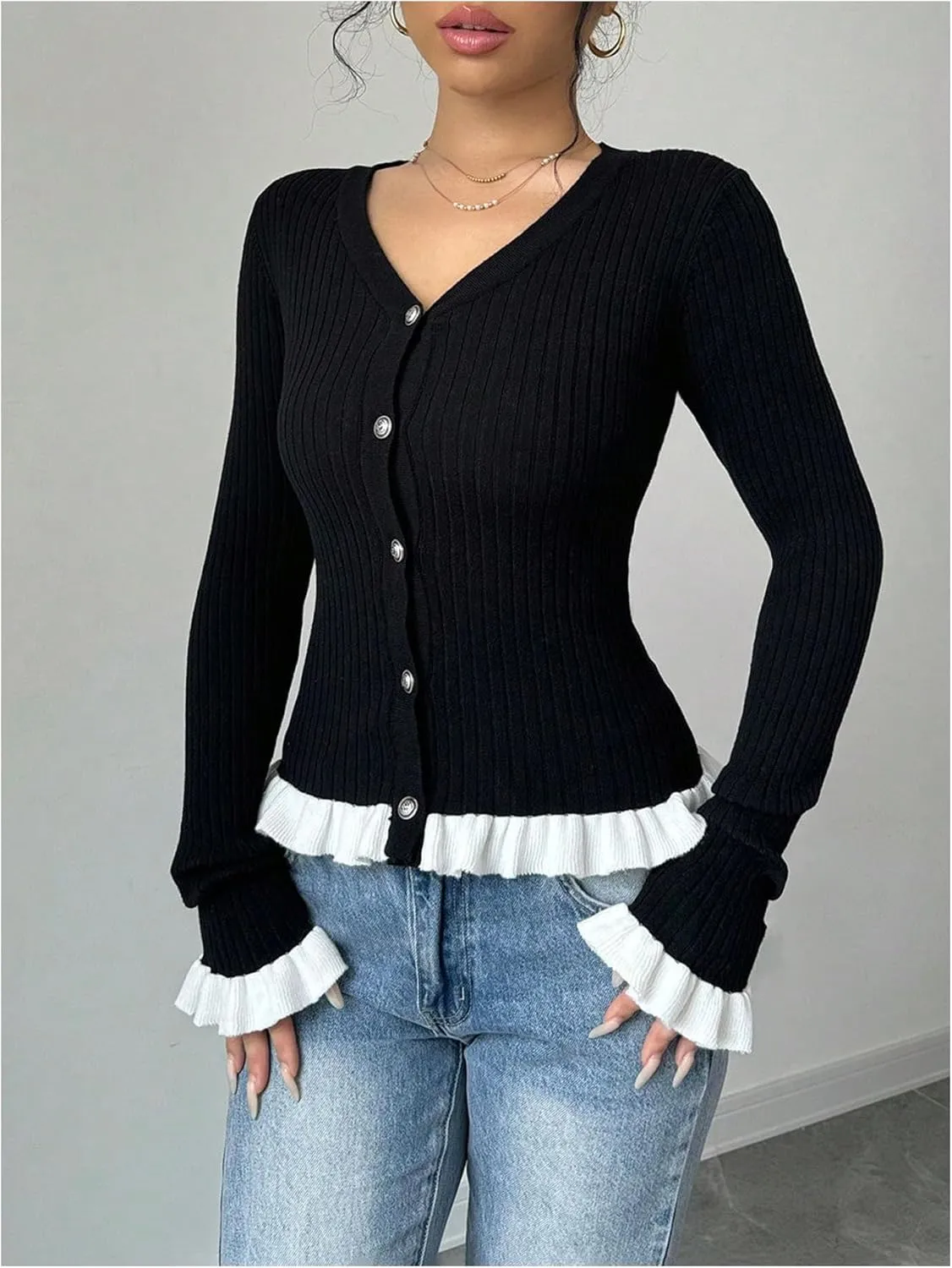 Milumia Women's Colorblock V Neck Ruffle Sweater Long Sleeve Button Cardigans