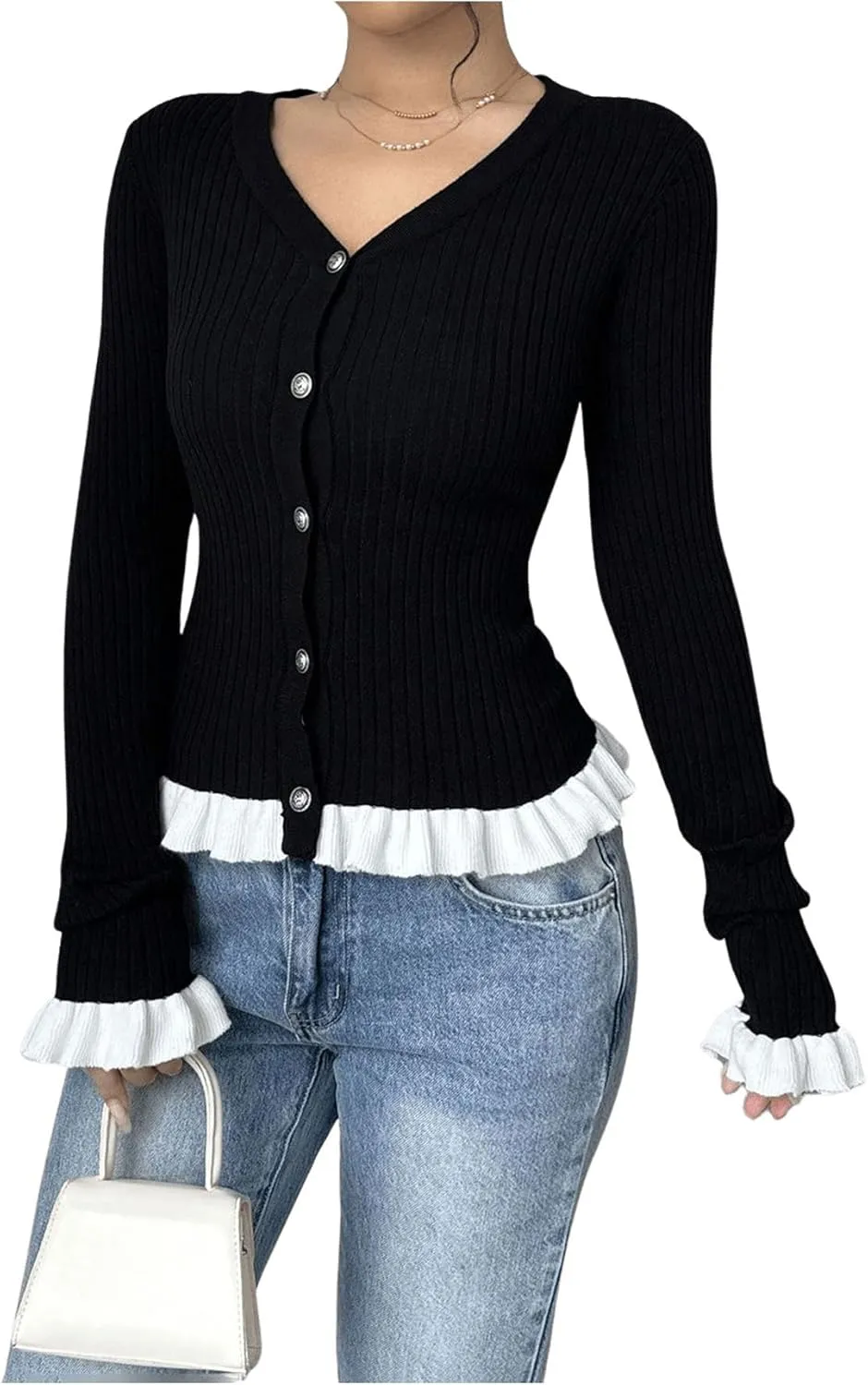 Milumia Women's Colorblock V Neck Ruffle Sweater Long Sleeve Button Cardigans
