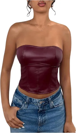 Milumia Women's Pu Leather Tube Crop Tops Lace Up Bustier Tops