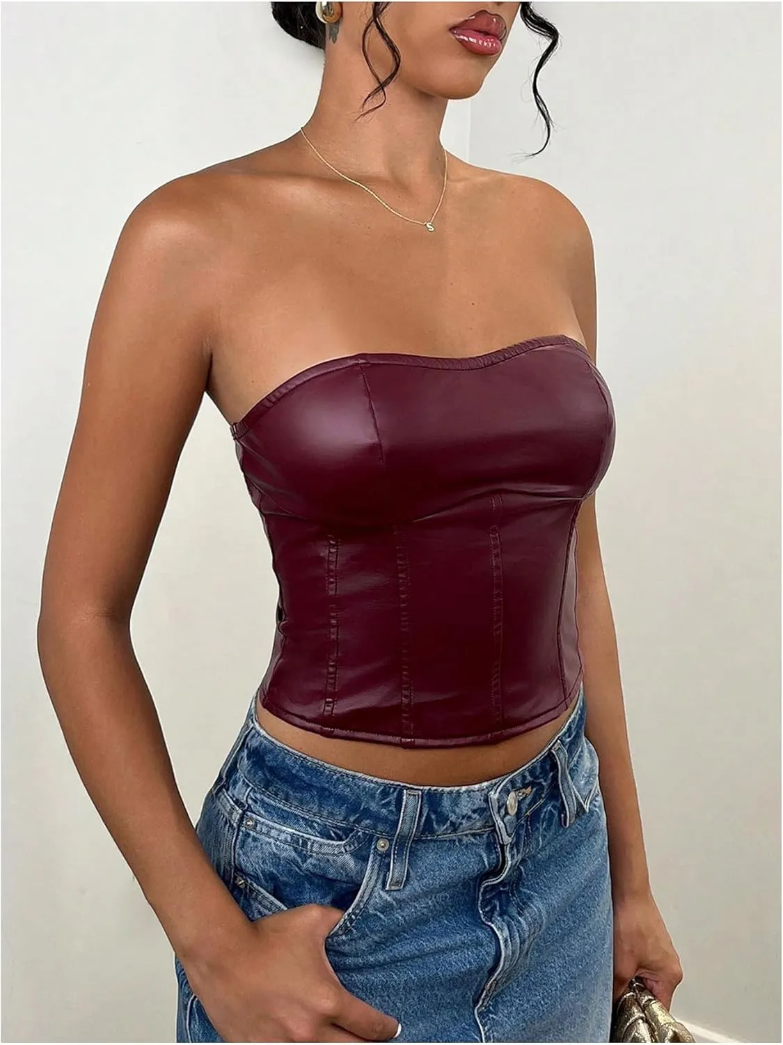 Milumia Women's Pu Leather Tube Crop Tops Lace Up Bustier Tops