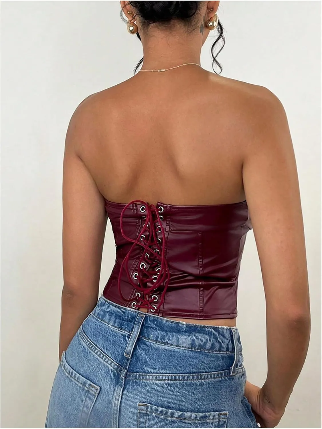 Milumia Women's Pu Leather Tube Crop Tops Lace Up Bustier Tops