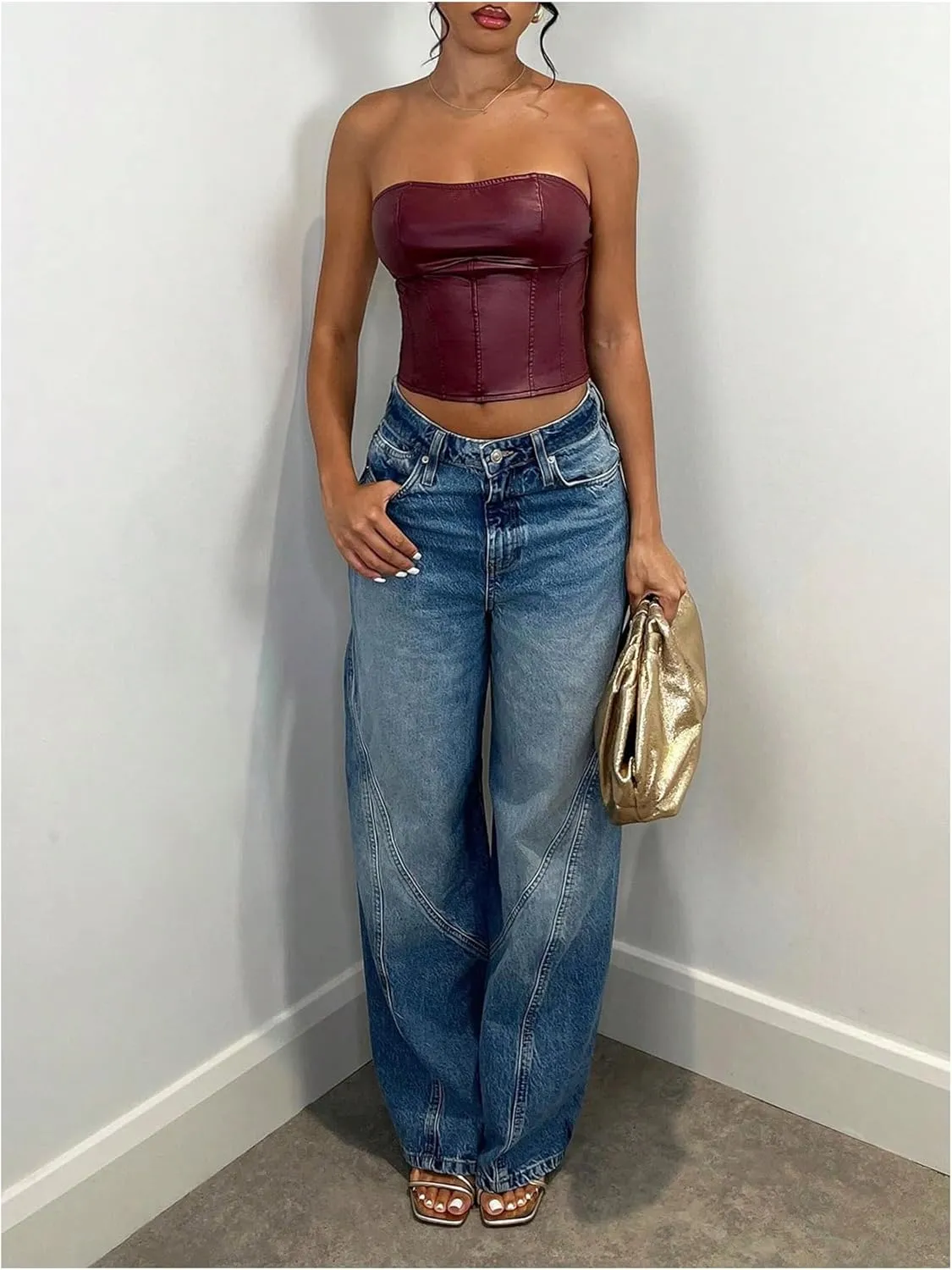 Milumia Women's Pu Leather Tube Crop Tops Lace Up Bustier Tops
