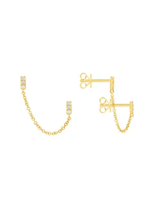 Mini Bar Double Stud Chain Earrings 14K