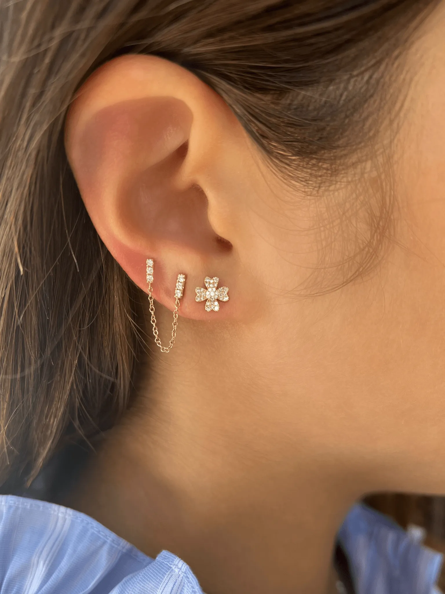 Mini Bar Double Stud Chain Earrings 14K