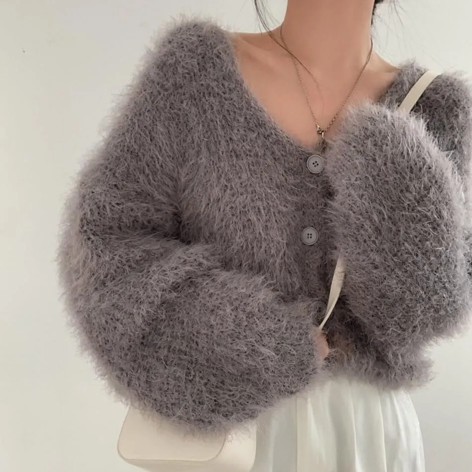 Mohair Cardigan for Women - Fuzzy Open Front Oversized Faux Fur Coquette Sweater