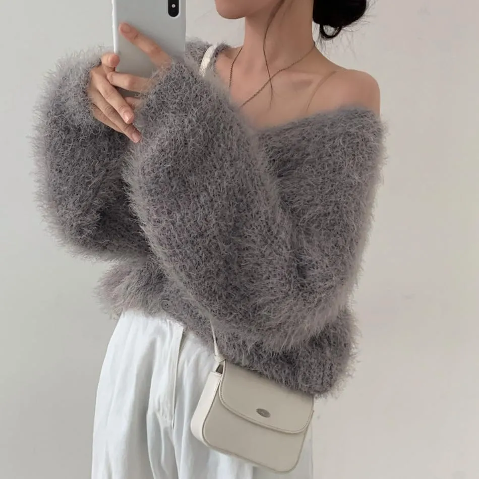 Mohair Cardigan for Women - Fuzzy Open Front Oversized Faux Fur Coquette Sweater