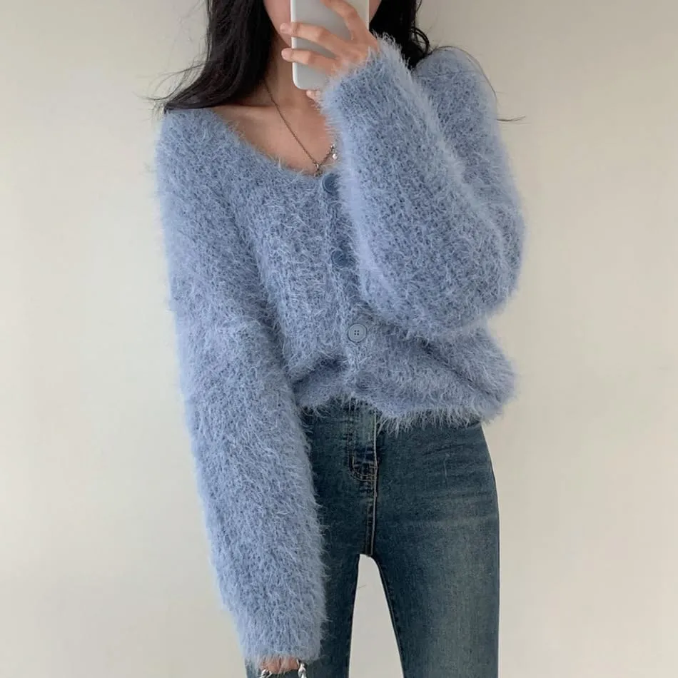 Mohair Cardigan for Women - Fuzzy Open Front Oversized Faux Fur Coquette Sweater