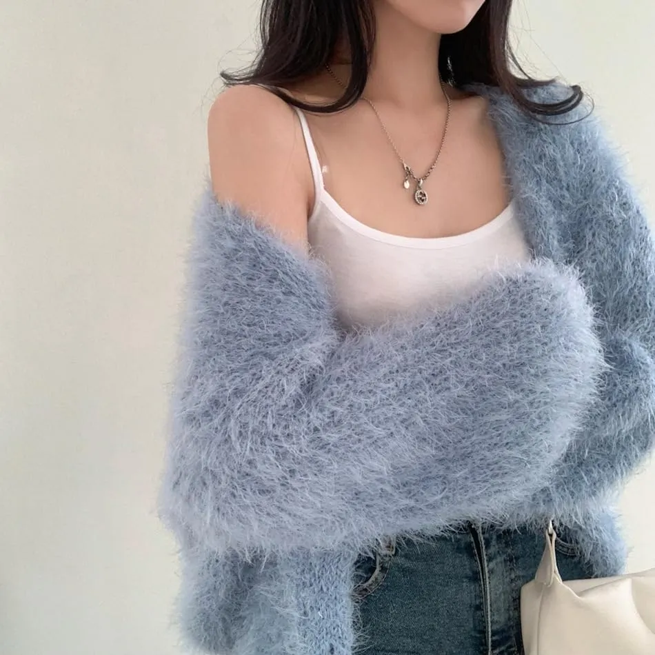 Mohair Cardigan for Women - Fuzzy Open Front Oversized Faux Fur Coquette Sweater