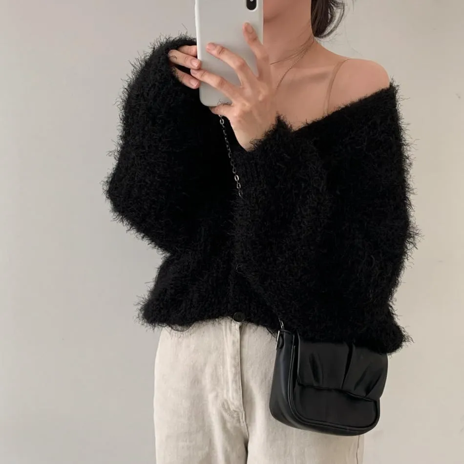 Mohair Cardigan for Women - Fuzzy Open Front Oversized Faux Fur Coquette Sweater