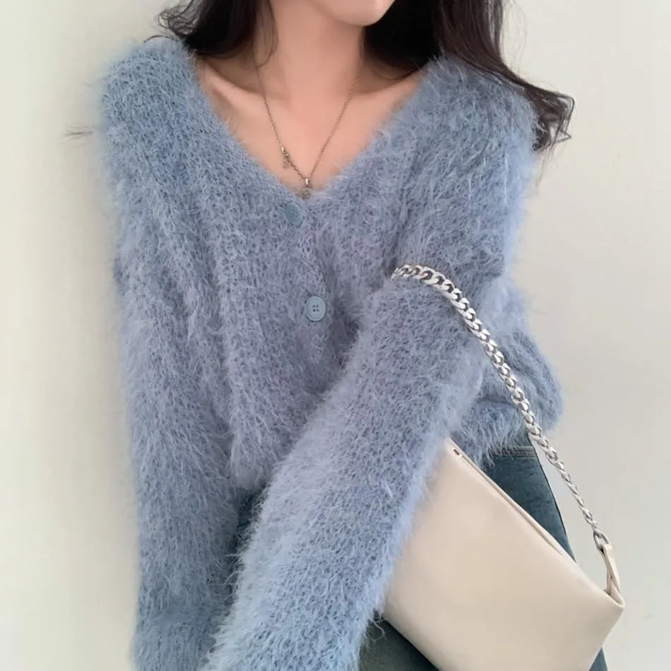Mohair Cardigan for Women - Fuzzy Open Front Oversized Faux Fur Coquette Sweater