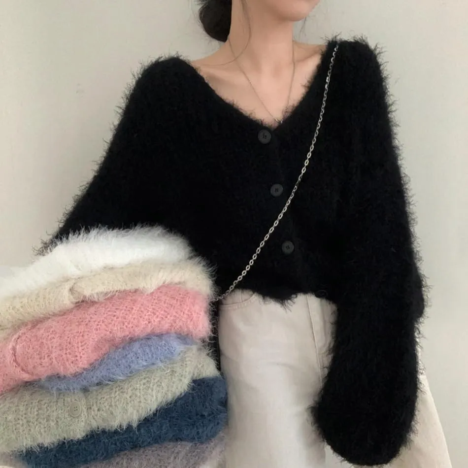 Mohair Cardigan for Women - Fuzzy Open Front Oversized Faux Fur Coquette Sweater