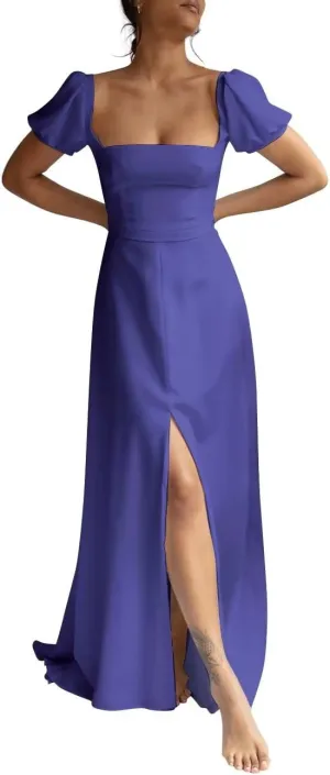 Monlity Puffy Short Sleeve Wedding Dresses for Bride Square Neck Bridesmaid Dresses with Slit Formal Prom Evening Gown