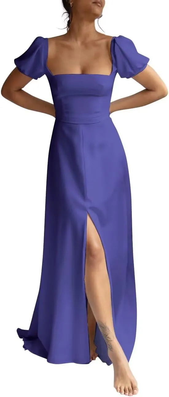 Monlity Puffy Short Sleeve Wedding Dresses for Bride Square Neck Bridesmaid Dresses with Slit Formal Prom Evening Gown