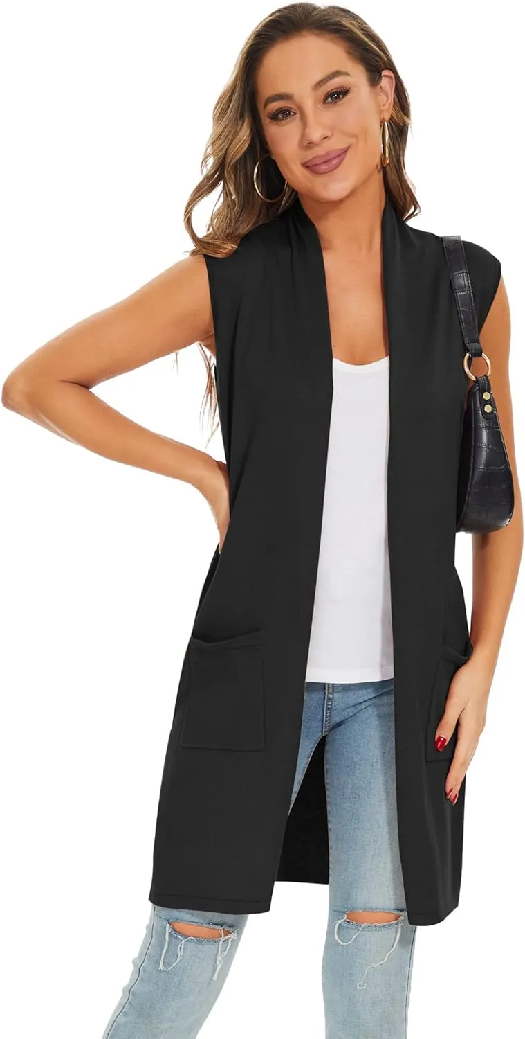 Moss Rose Women's Long Knit Cardigan Vest Casual Sleeveless Open Front Draped Duster Vest (Available in Plus Size)