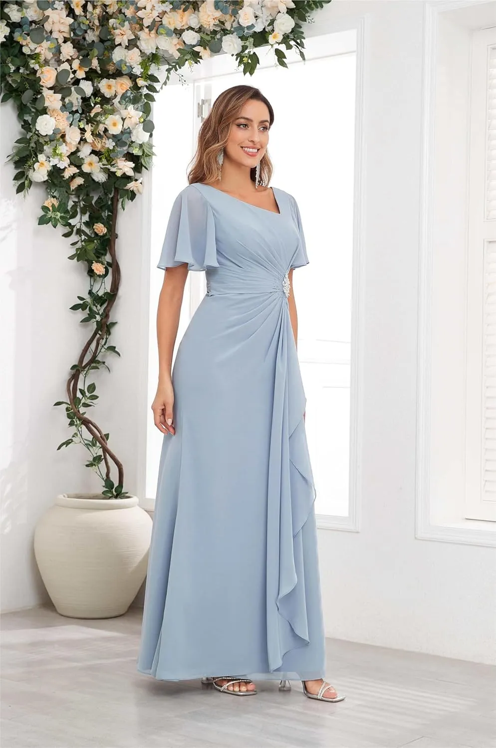 Mother of The Bride Dresses Chiffon Scoop Neck Ruffle Sleeves A-line Wedding Guest Dress Formal Evening Gowns with Pockets