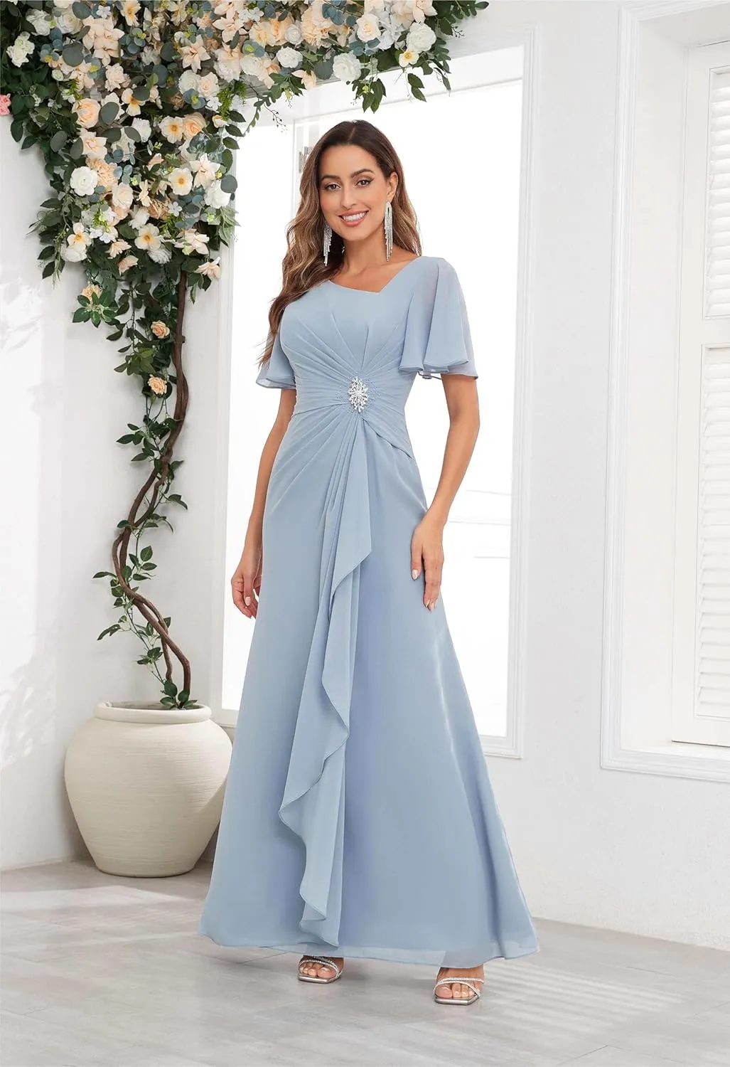 Mother of The Bride Dresses Chiffon Scoop Neck Ruffle Sleeves A-line Wedding Guest Dress Formal Evening Gowns with Pockets
