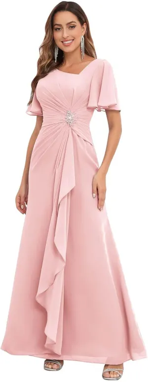 Mother of The Bride Dresses Chiffon Scoop Neck Ruffle Sleeves A-line Wedding Guest Dress Formal Evening Gowns with Pockets