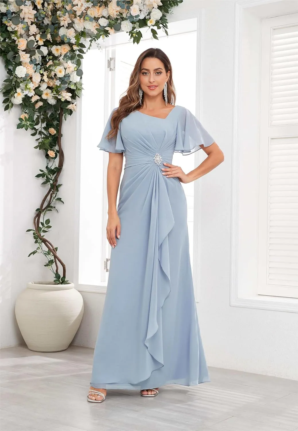 Mother of The Bride Dresses Chiffon Scoop Neck Ruffle Sleeves A-line Wedding Guest Dress Formal Evening Gowns with Pockets