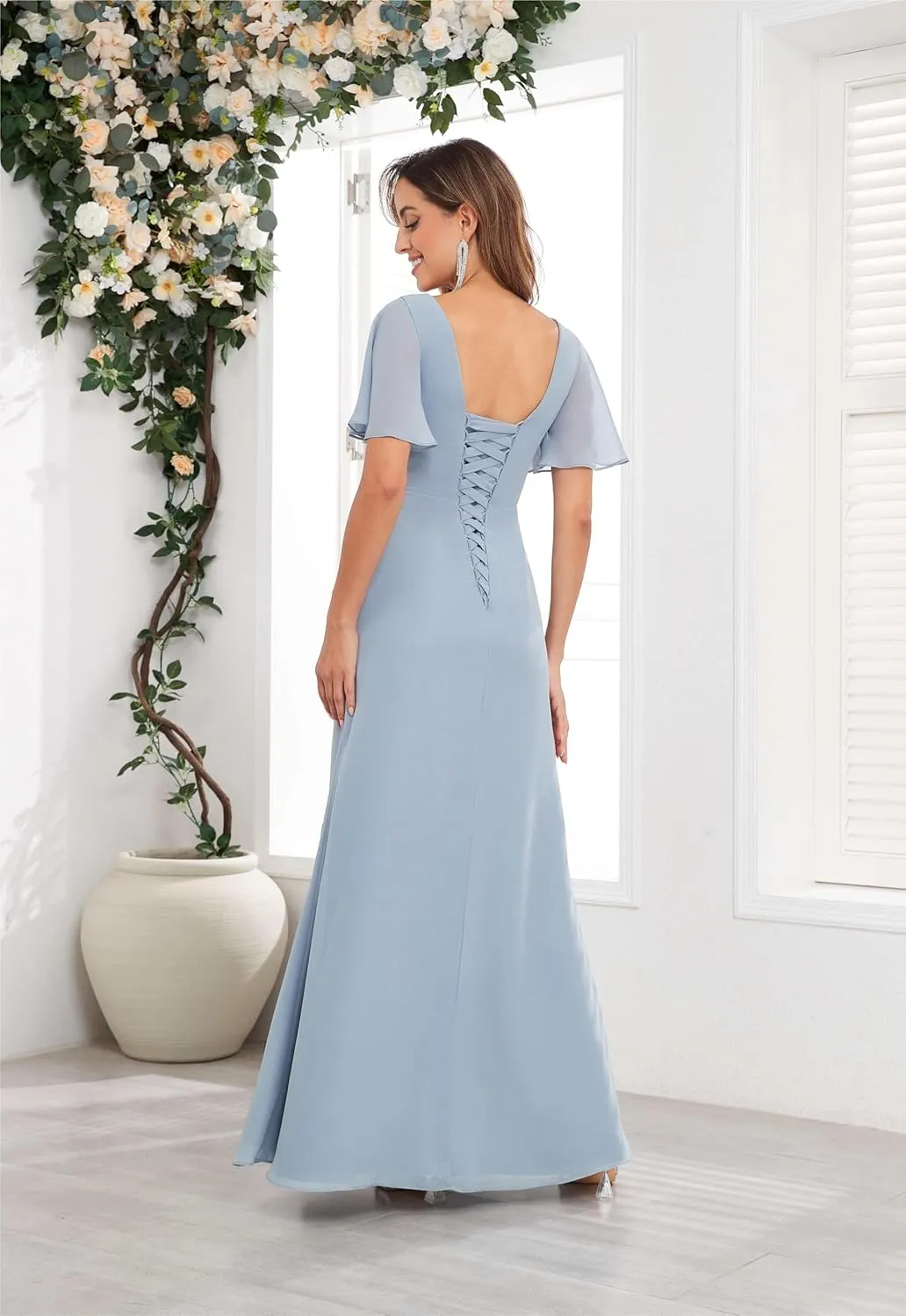 Mother of The Bride Dresses Chiffon Scoop Neck Ruffle Sleeves A-line Wedding Guest Dress Formal Evening Gowns with Pockets