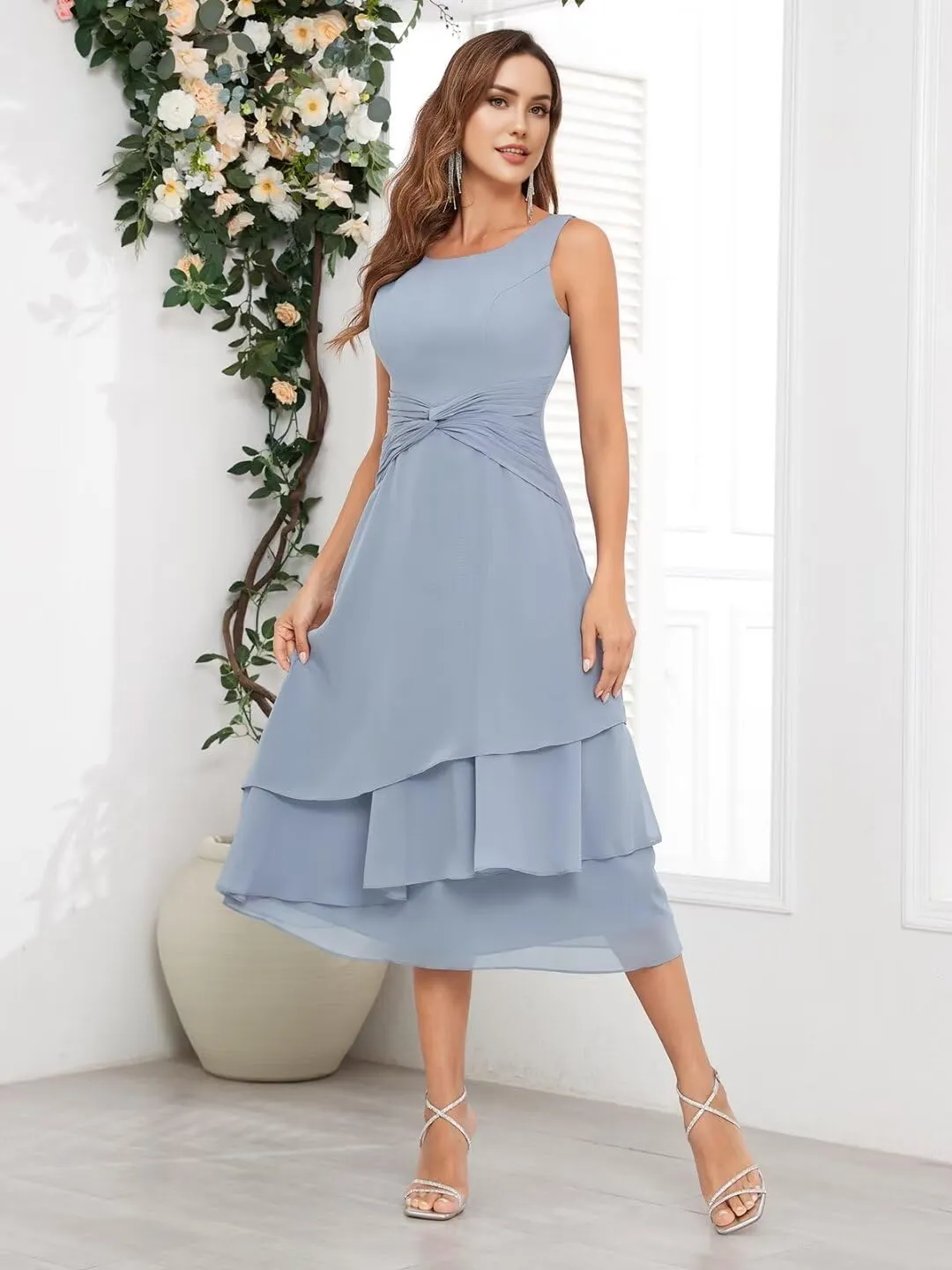 Mother of The Bride Dresses for Wedding with Jacket Tea Length Chiffon Lace Formal Evening Dresses for Women