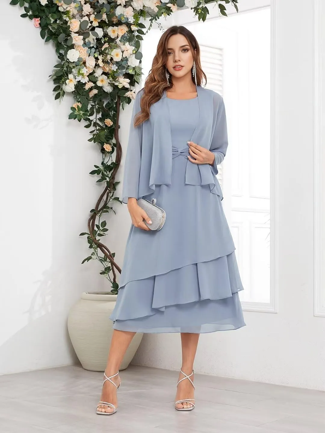 Mother of The Bride Dresses for Wedding with Jacket Tea Length Chiffon Lace Formal Evening Dresses for Women