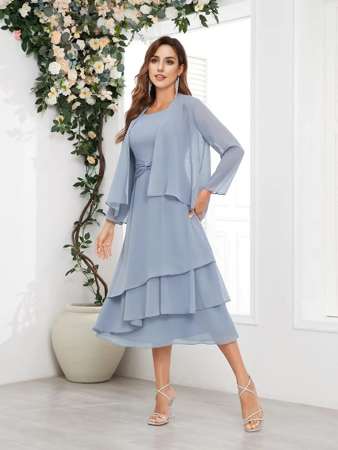 Mother of The Bride Dresses for Wedding with Jacket Tea Length Chiffon Lace Formal Evening Dresses for Women