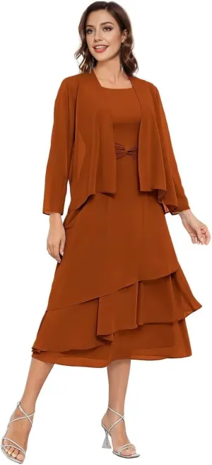 Mother of The Bride Dresses for Wedding with Jacket Tea Length Chiffon Lace Formal Evening Dresses for Women