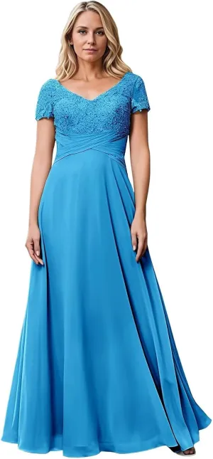 Mother of The Bride Dresses Ruched Lace Chiffon Prom Dresses Short Sleeves V-Neck Formal Evening Gowns Long