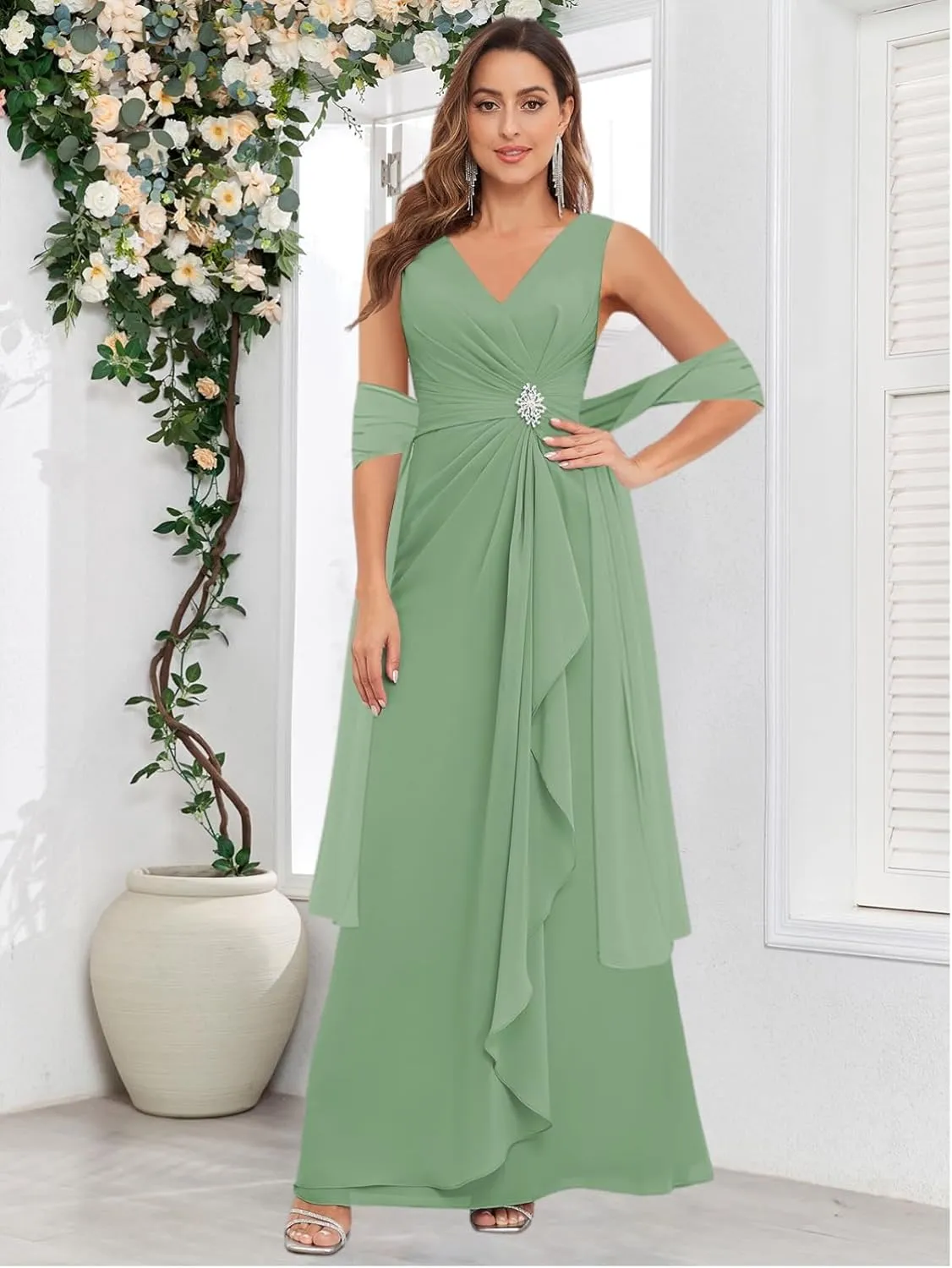 Mother of The Bride Dresses with Shawl Sleeveless for Wedding Chiffon V Neck Ruffle Long Formal Evening Dress